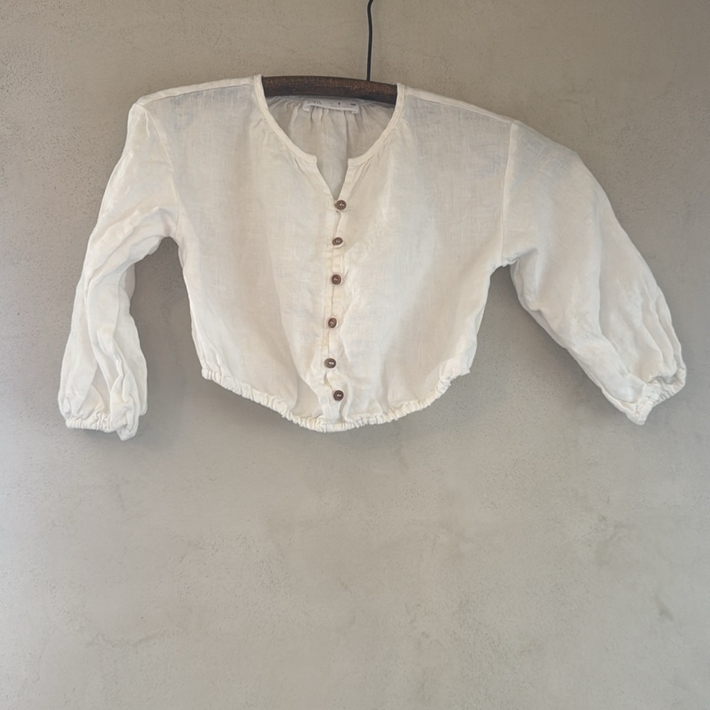 Zara girls white linen crop bubble top size 8 EUC all linen summer blouse top